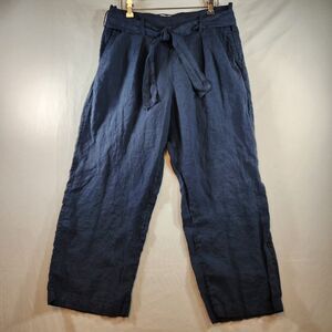 Nicole Miller Womens 100% Linen Capri Ankle Pants Med Blue Elastic Waist Belted